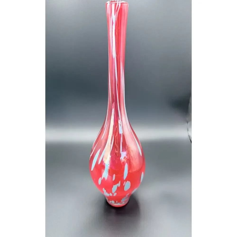 Vintage Red Swung Art Glass Vase Blue Applied Dots MCM Blown Glass 15.5”